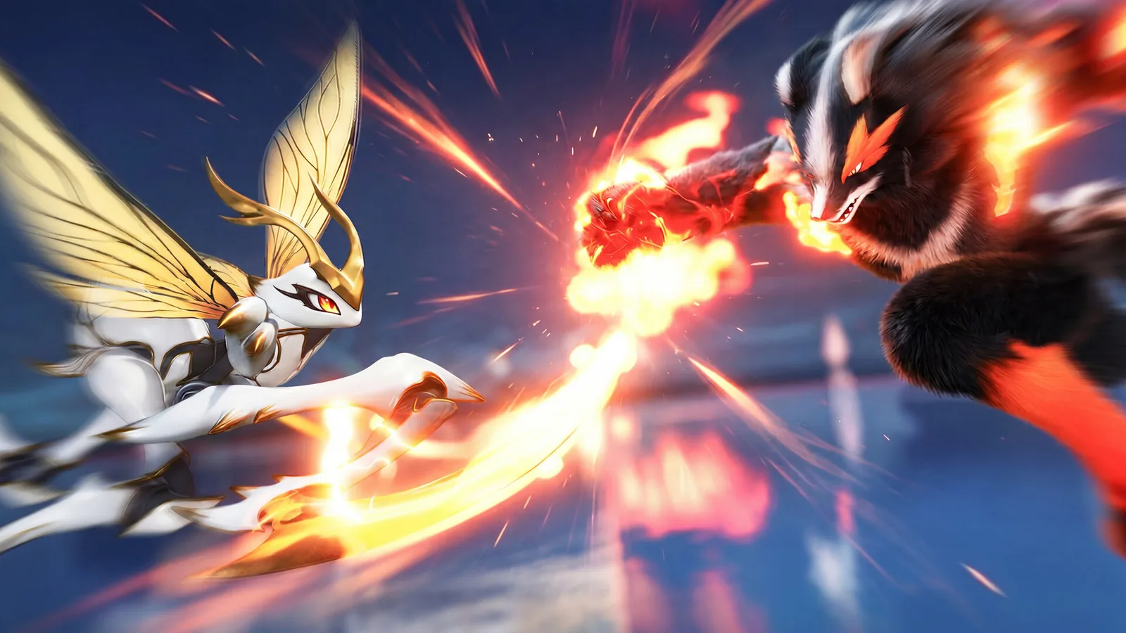 Two Aniimo creatures clashing in mid-air: a winged insect with golden markings against a flame-furred beast