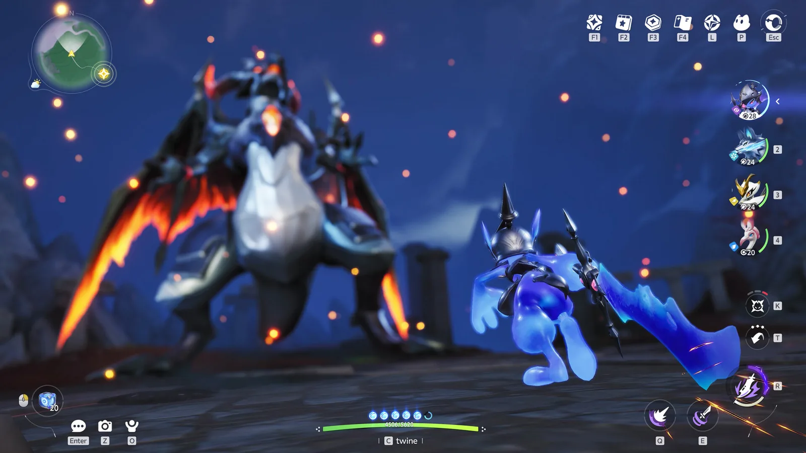 Two creatures with fire and ice effects facing off under a starry night sky